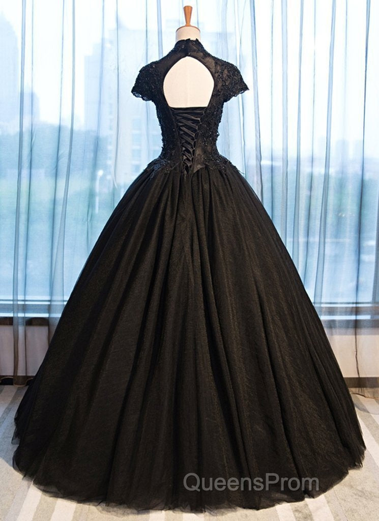 Beautiful Black Cap Sleeves Long Tulle Party Dress, Black Evening Prom Dress