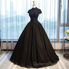 Beautiful Black Cap Sleeves Long Tulle Party Dress, Black Evening Prom Dress