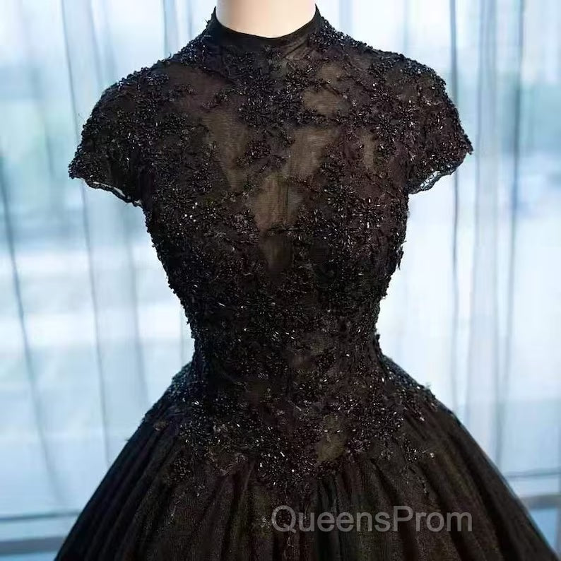 Beautiful Black Cap Sleeves Long Tulle Party Dress, Black Evening Prom Dress