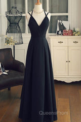 Beautiful Black Chiffon Straps Long A-Line Junior Evening Prom Dress, Black Party Gowns