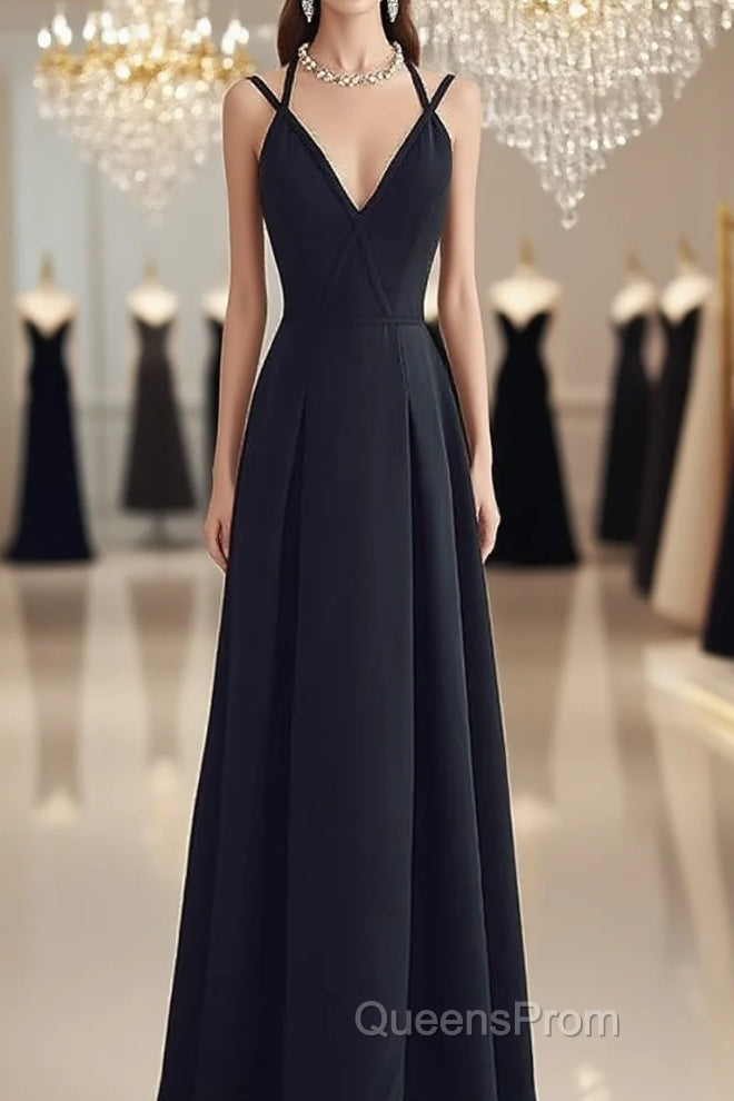 Beautiful Black Chiffon Straps Long A-Line Junior Evening Prom Dress, Black Party Gowns Main image