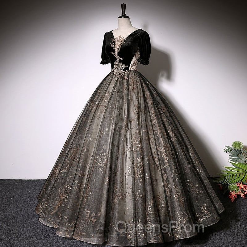 Beautiful Black Tulle Short Sleeves Long Party Dress Black Short Sleeves Evening Prom Dress Evening Prom Dress shops