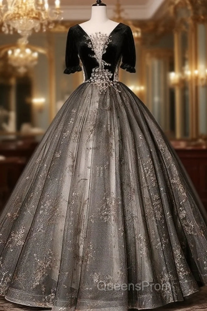 Beautiful Black Tulle Short Sleeves Long Party Dress Black Short Sleeves Evening Prom Dress Evening Prom Dress shops Main image