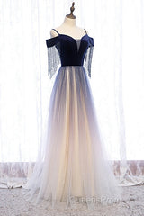 Beautiful Blue Gradient Tulle Long Party Dress,A-Line Off Shoulder Formal Dress