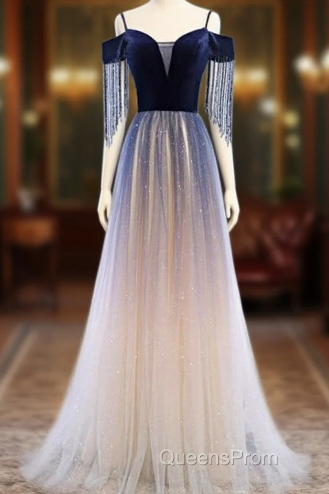 Beautiful Blue Gradient Tulle Long Party Dress,A-Line Off Shoulder Formal Dress Main image