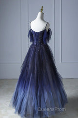 Beautiful Blue Gradient Tulle Long Evening Prom Dress, Spaghetti Strap Evening Dress