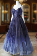 Beautiful Blue Gradient Tulle Long Evening Prom Dress, Spaghetti Strap Evening Dress