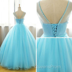 Beautiful Blue Round Long Party Dress,Ball Gown Lace Applique Sweet 16 Dress