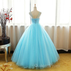 Beautiful Blue Round Long Party Dress,Ball Gown Lace Applique Sweet 16 Dress