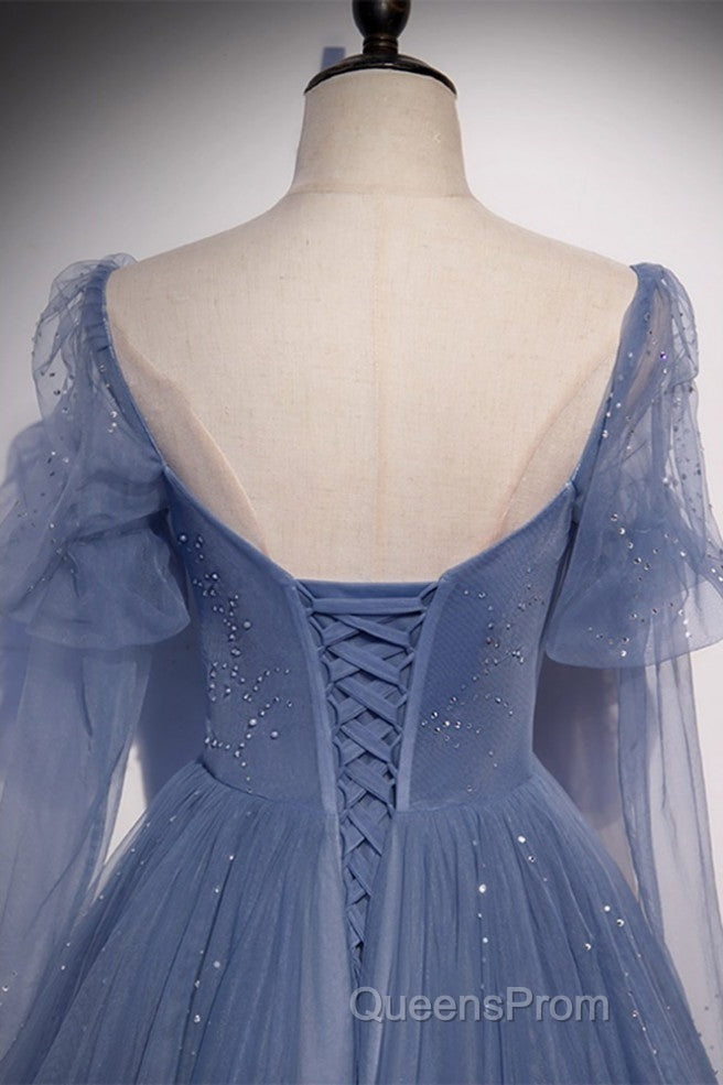 Beautiful Blue Sheer Beaded Long Party Dress, A-Shaped Long Sleeved Backless And Floor Length Evening Dress Secondary image