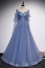Beautiful Blue Sheer Beaded Long Party Dress, A-Shaped Long Sleeved Backless And Floor Length Evening Dress