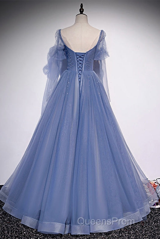 Beautiful Blue Tulle Beaded Long Formal Dress Party Dress, A-Line Wedding Party Dress Secondary image