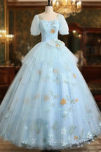 Beautiful Blue Tulle Short Sleeves Sweet 16 Dress With Bow, Blue Formal Gown