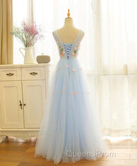 Beautiful Blue V-Neckline Floral Lace Tulle Party Dress, A-Line Blue Evening Dress Evening Prom Dress