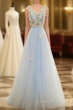 Beautiful Blue V-Neckline Floral Lace Tulle Party Dress, A-Line Blue Evening Dress Evening Prom Dress
