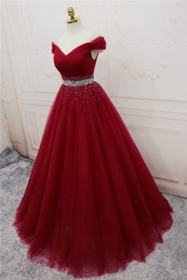 Beautiful Burgundy Long Tulle Off Shoulder Classy Prom Dress , Junior Classy Prom Dress
