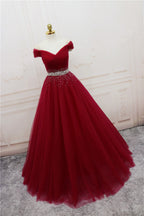 Beautiful Burgundy Long Tulle Off Shoulder Classy Prom Dress , Junior Classy Prom Dress