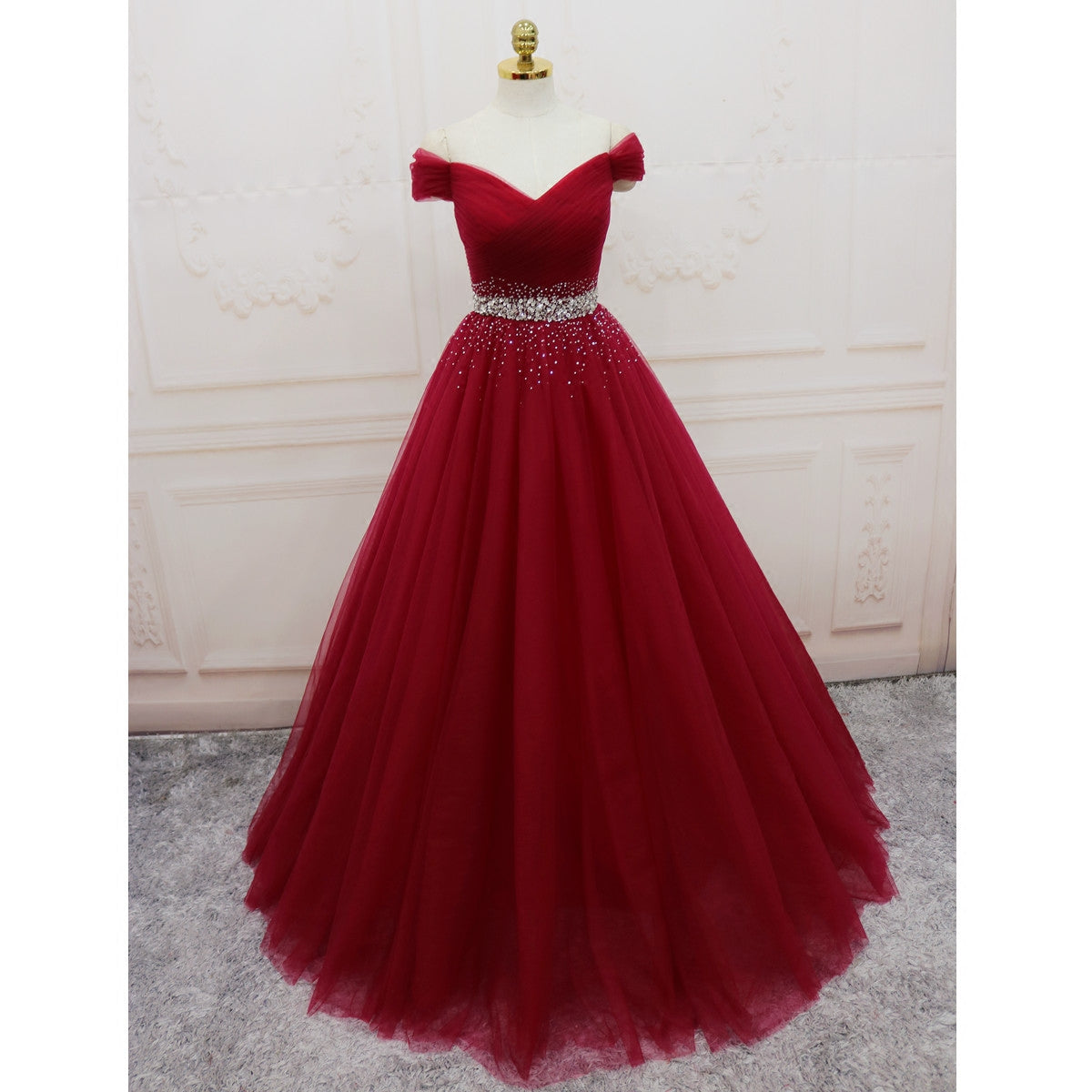 Beautiful Burgundy Long Tulle Off Shoulder Classy Prom Dress , Junior Classy Prom Dress