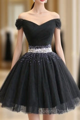 Beautiful Cute Charming Black Tulle V Neck Beaded Short Dress, Black Homecoming Dress