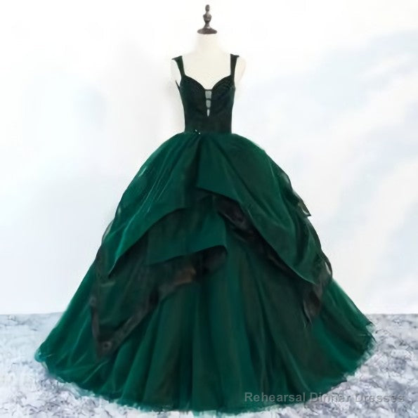 Beautiful Dark Green Prom Dresses Ball Gown Beading Ruffles Spaghetti Straps Backless Sleeveless Floor-Length Long Formal Dresses Main image