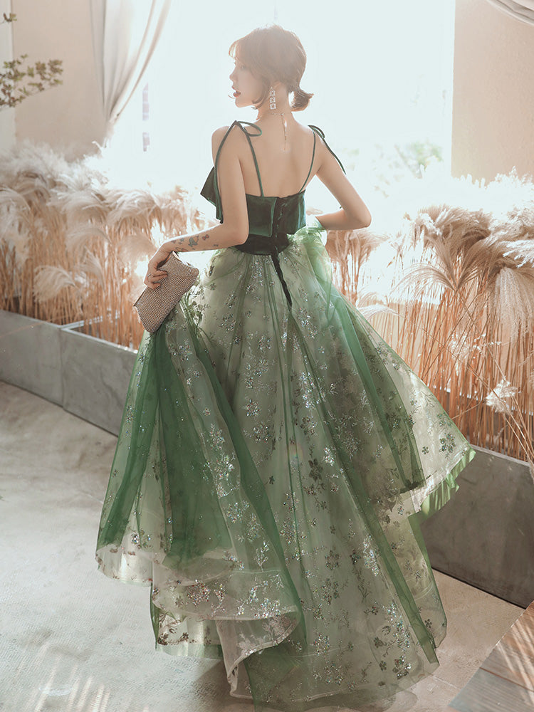 Beautiful Dark Green Straps Tulle With Velvet Party Dress, Green Classy Evening Gown Classy Prom Dress