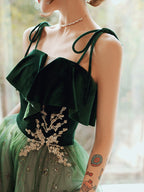 Beautiful Dark Green Straps Tulle With Velvet Party Dress, Green Classy Evening Gown Classy Prom Dress