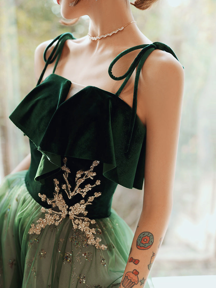 Beautiful Dark Green Straps Tulle With Velvet Party Dress, Green Classy Evening Gown Classy Prom Dress