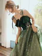 Beautiful Dark Green Straps Tulle With Velvet Party Dress, Green Classy Evening Gown Classy Prom Dress