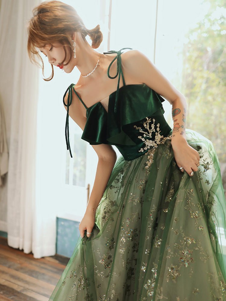 Beautiful Dark Green Straps Tulle With Velvet Party Dress, Green Classy Evening Gown Classy Prom Dress