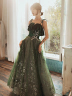 Beautiful Dark Green Straps Tulle With Velvet Party Dress, Green Classy Evening Gown Classy Prom Dress