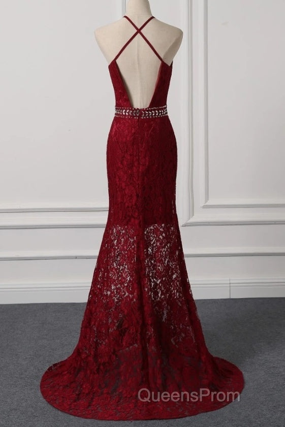 Beautiful Dark Red Lace Halter Beaded Evening Dress, Mermaid Evening Prom Dress Secondary image