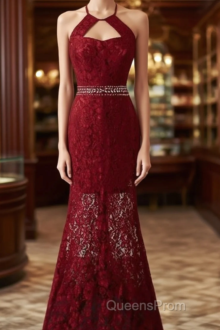 Beautiful Dark Red Lace Halter Beaded Evening Dress, Mermaid Evening Prom Dress Main image