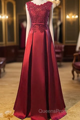 Beautiful Dark Red Lace Long Junior Evening Prom Dress, Lace Top Party Dress