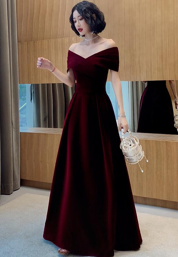Beautiful Dark Red Velvet Off Shoulder Bridesmaid Dress, A-Line Long Classy Prom Dress Secondary image