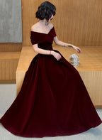 Beautiful Dark Red Velvet Off Shoulder Bridesmaid Dress, A-Line Long Classy Prom Dress