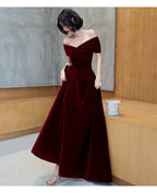 Beautiful Dark Red Velvet Off Shoulder Bridesmaid Dress, A-Line Long Classy Prom Dress