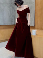 Beautiful Dark Red Velvet Off Shoulder Bridesmaid Dress, A-Line Long Classy Prom Dress