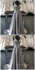 Beautiful Elegant Silver Grey Evening Prom Dress,Beaded Evening Gowns,V Neck Formal Dress,Special Occasion Dress
