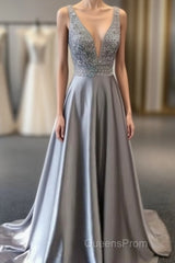 Beautiful Elegant Silver Grey Evening Prom Dress,Beaded Evening Gowns,V Neck Formal Dress,Special Occasion Dress