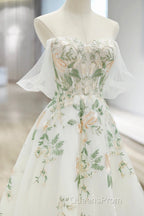 Beautiful Floral Lace Tulle Long Evening Prom Dress, White Off The Shoulder Evening Party Dress