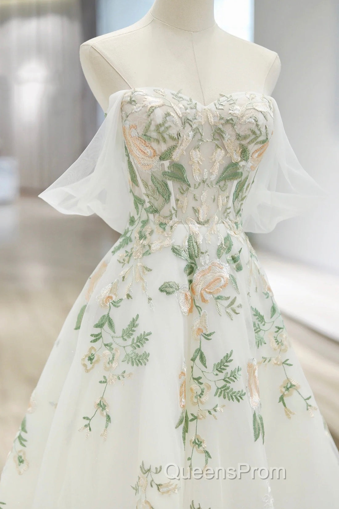 Beautiful Floral Lace Tulle Long Evening Prom Dress, White Off The Shoulder Evening Party Dress