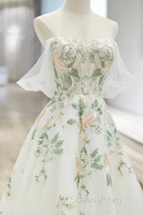 Beautiful Floral Lace Tulle Long Evening Prom Dress, White Off The Shoulder Evening Party Dress