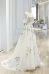 Beautiful Floral Lace Tulle Long Evening Prom Dress, White Off The Shoulder Evening Party Dress