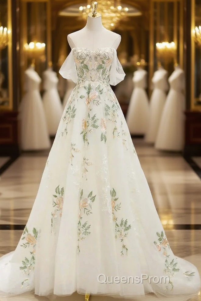 Beautiful Floral Lace Tulle Long Evening Prom Dress, White Off The Shoulder Evening Party Dress Main image