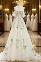 Beautiful Floral Lace Tulle Long Evening Prom Dress, White Off The Shoulder Evening Party Dress