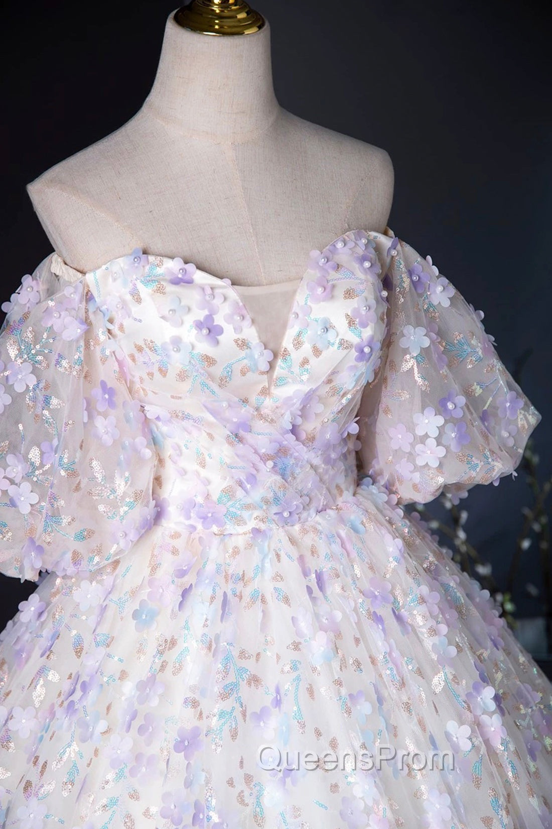 Beautiful Floral Tulle Pearl Sequins Evening Prom Dress, A-Line Puffy Short Sleeve Evening Party Dress Secondary image