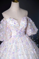 Beautiful Floral Tulle Pearl Sequins Evening Prom Dress, A-Line Puffy Short Sleeve Evening Party Dress