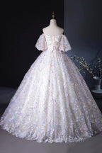 Beautiful Floral Tulle Pearl Sequins Evening Prom Dress, A-Line Puffy Short Sleeve Evening Party Dress