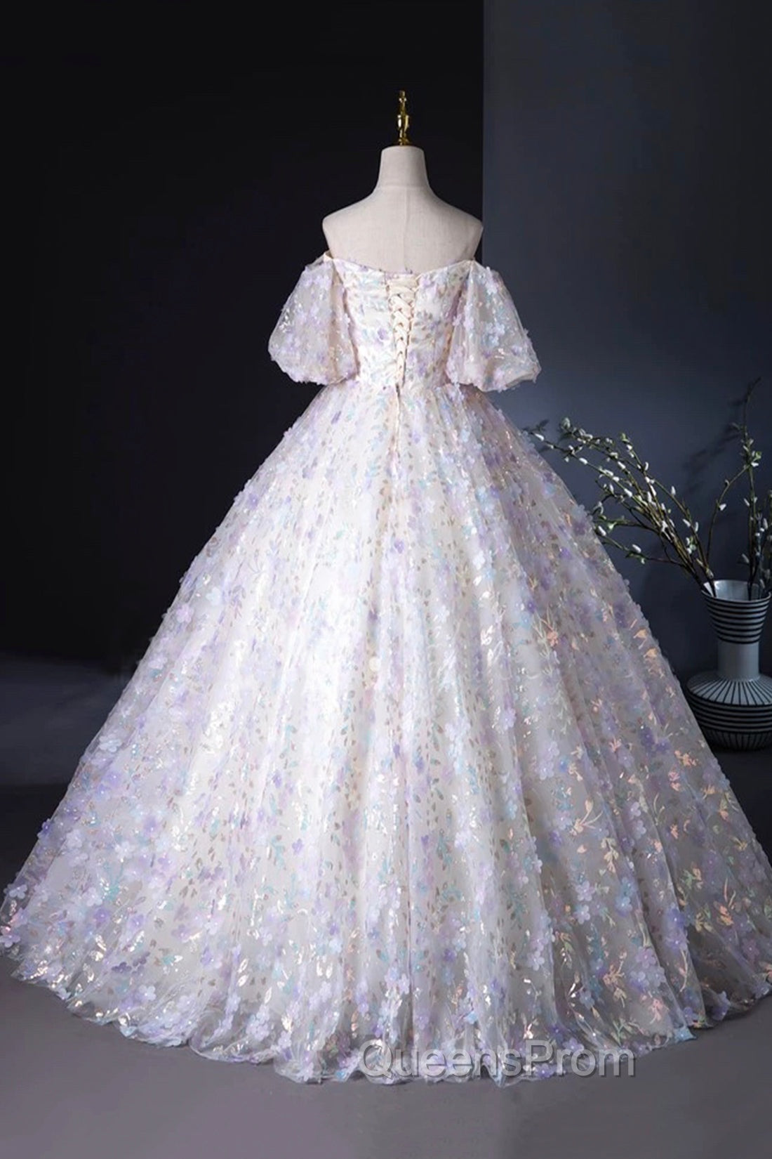 Beautiful Floral Tulle Pearl Sequins Evening Prom Dress, A-Line Puffy Short Sleeve Evening Party Dress