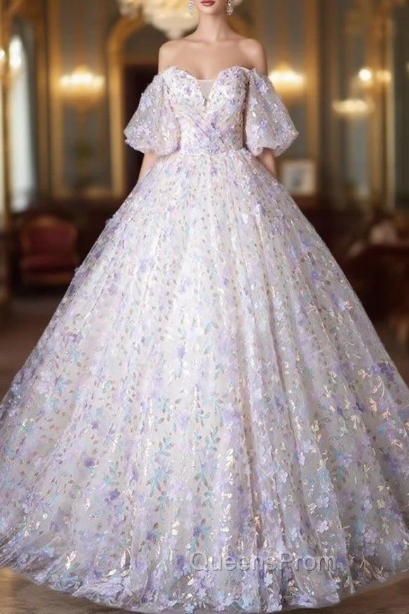 Beautiful Floral Tulle Pearl Sequins Evening Prom Dress, A-Line Puffy Short Sleeve Evening Party Dress Main image